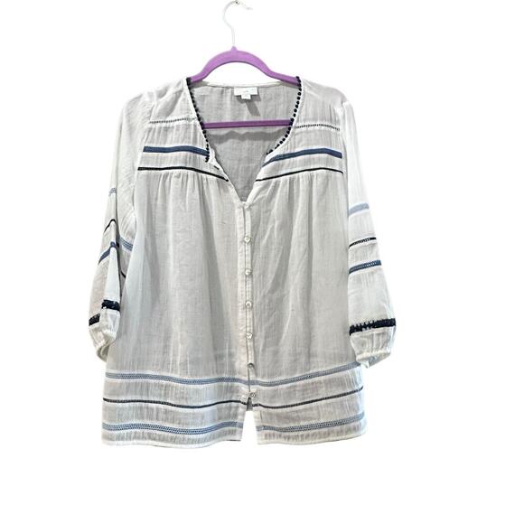 J. Jill Women's White Gauze Blue Pom Pom Tassel Button Semi-Sheer Blouse Size M - Picture 1 of 8